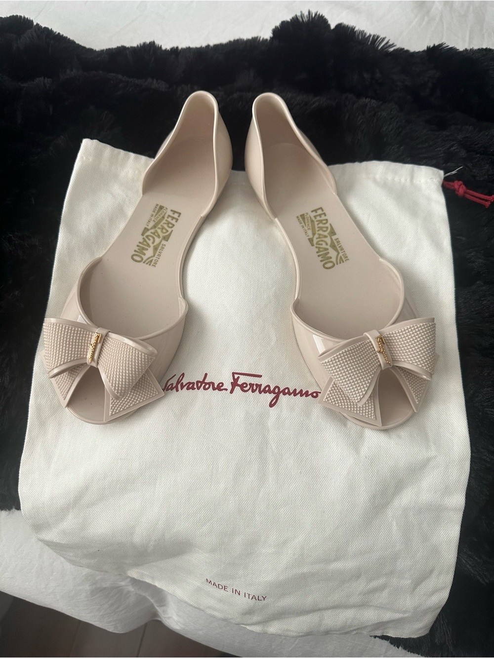 Salvatore Ferragamo Blush Bow Peep-Toe Flats